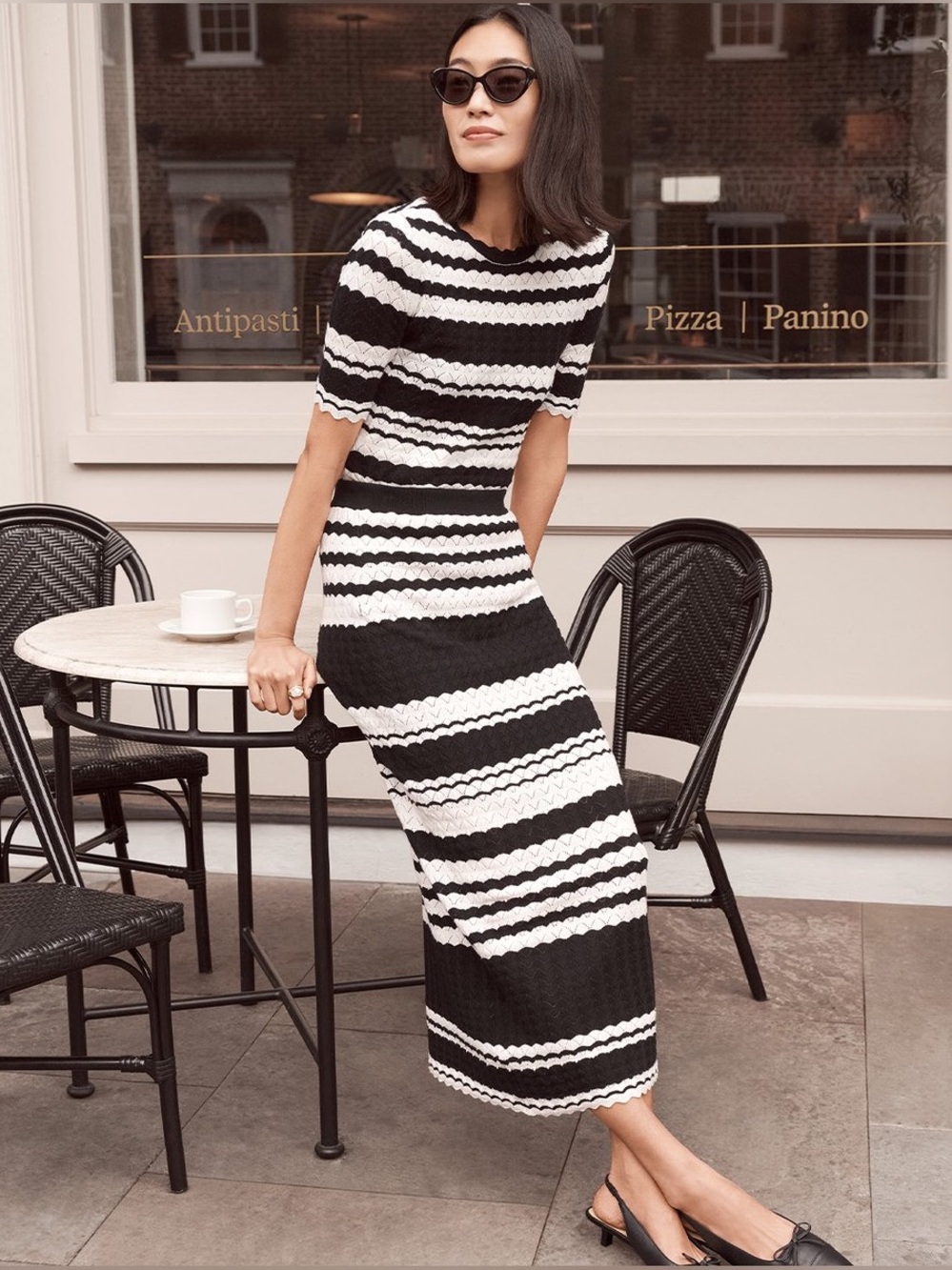 Ann Taylor Black White Striped Pointelle Knit High Waist Midi Casual Skirt Sz L